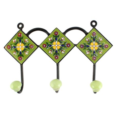 Light Forest Green Ceramic Floral Tile Hook